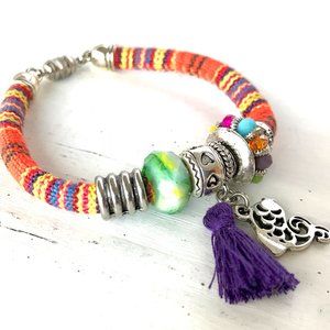 Handmade Multicolor Ethnic Cotton Cord Fish Charm Magnetic Clasp Bracelet